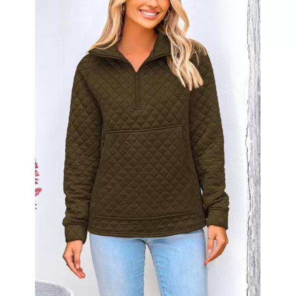 PRETTYGARDEN Womens Fall Quilted Sweatshirt Casual Quarter Zip Collared Long Sleeve V Neck Pullover TopsArmy Green