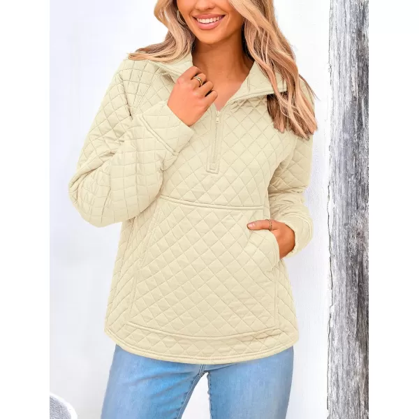 PRETTYGARDEN Womens Fall Quilted Sweatshirt Casual Quarter Zip Collared Long Sleeve V Neck Pullover TopsBeige