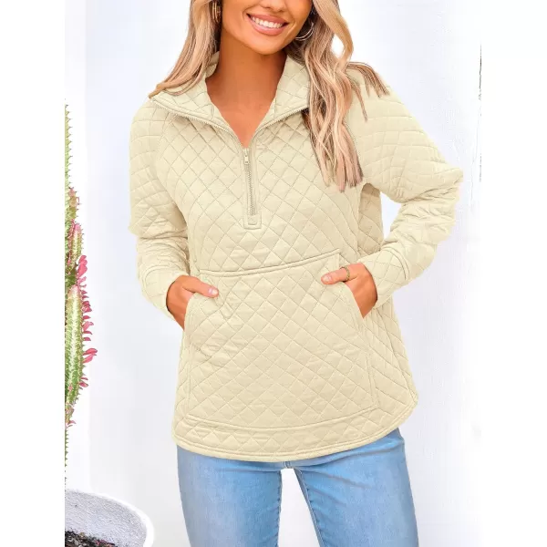 PRETTYGARDEN Womens Fall Quilted Sweatshirt Casual Quarter Zip Collared Long Sleeve V Neck Pullover TopsBeige