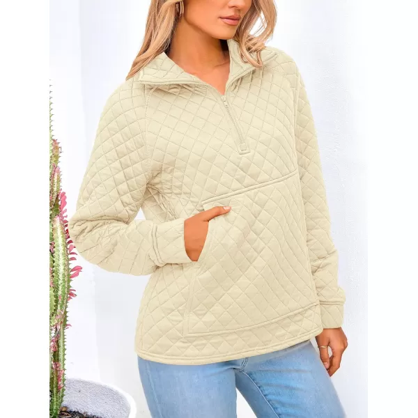 PRETTYGARDEN Womens Fall Quilted Sweatshirt Casual Quarter Zip Collared Long Sleeve V Neck Pullover TopsBeige