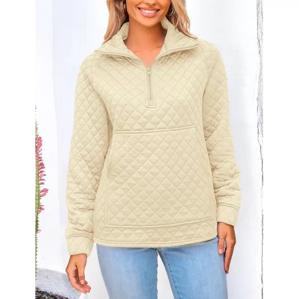 PRETTYGARDEN Womens Fall Quilted Sweatshirt Casual Quarter Zip Collared Long Sleeve V Neck Pullover TopsBeige