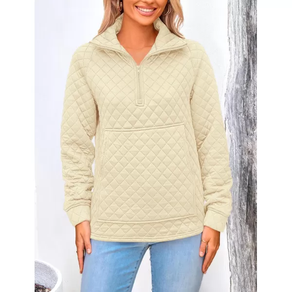 PRETTYGARDEN Womens Fall Quilted Sweatshirt Casual Quarter Zip Collared Long Sleeve V Neck Pullover TopsBeige