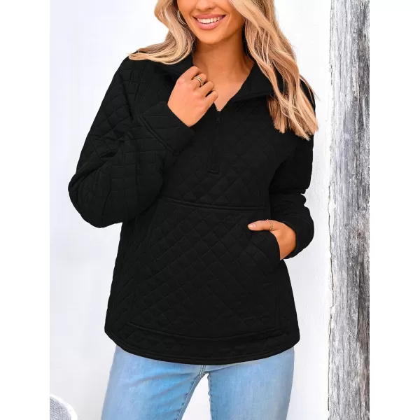 PRETTYGARDEN Womens Fall Quilted Sweatshirt Casual Quarter Zip Collared Long Sleeve V Neck Pullover TopsBlack