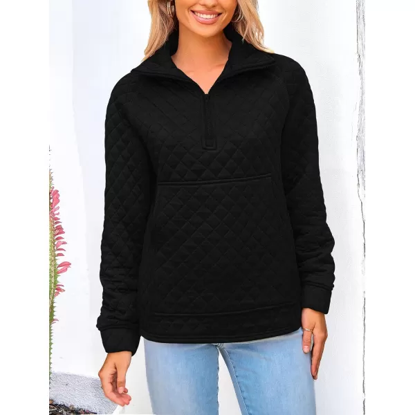 PRETTYGARDEN Womens Fall Quilted Sweatshirt Casual Quarter Zip Collared Long Sleeve V Neck Pullover TopsBlack