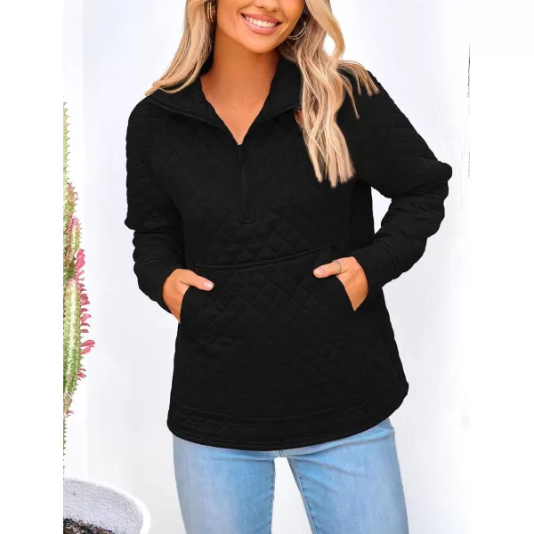 PRETTYGARDEN Womens Fall Quilted Sweatshirt Casual Quarter Zip Collared Long Sleeve V Neck Pullover TopsBlack