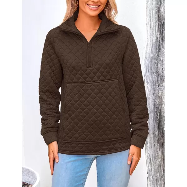 PRETTYGARDEN Womens Fall Quilted Sweatshirt Casual Quarter Zip Collared Long Sleeve V Neck Pullover TopsCoffee