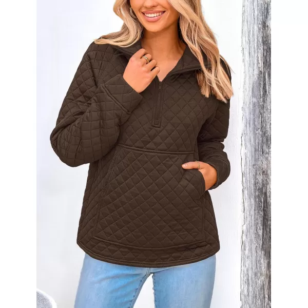 PRETTYGARDEN Womens Fall Quilted Sweatshirt Casual Quarter Zip Collared Long Sleeve V Neck Pullover TopsCoffee