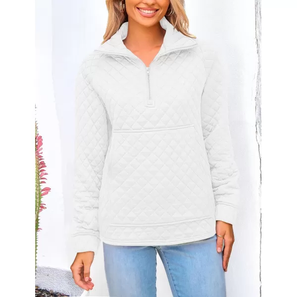 PRETTYGARDEN Womens Fall Quilted Sweatshirt Casual Quarter Zip Collared Long Sleeve V Neck Pullover TopsWhite