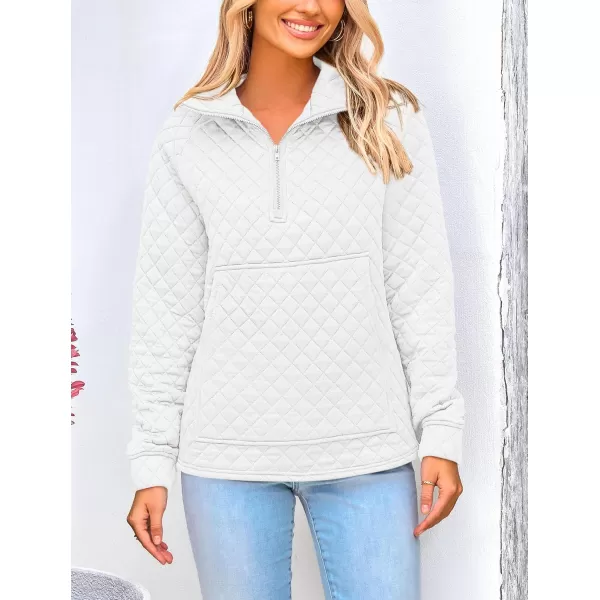 PRETTYGARDEN Womens Fall Quilted Sweatshirt Casual Quarter Zip Collared Long Sleeve V Neck Pullover TopsWhite
