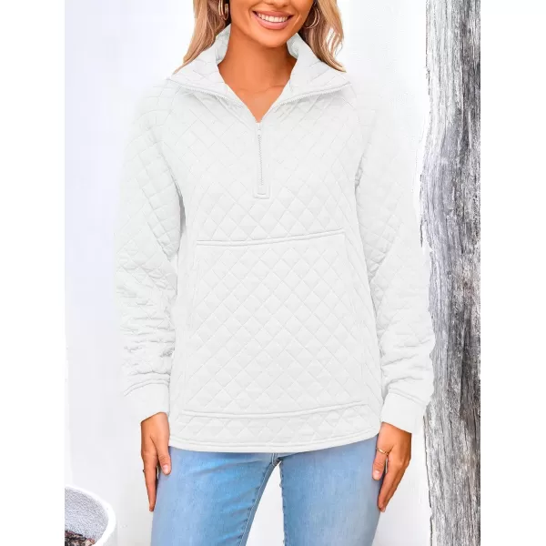 PRETTYGARDEN Womens Fall Quilted Sweatshirt Casual Quarter Zip Collared Long Sleeve V Neck Pullover TopsWhite