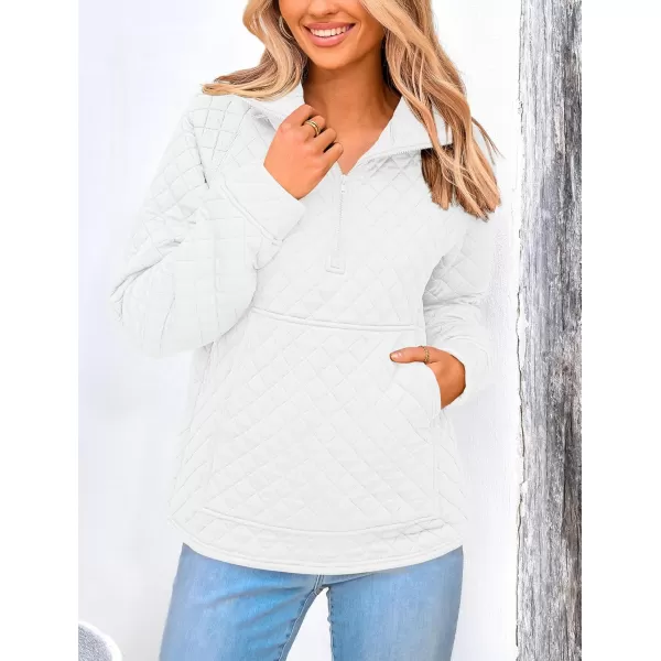 PRETTYGARDEN Womens Fall Quilted Sweatshirt Casual Quarter Zip Collared Long Sleeve V Neck Pullover TopsWhite
