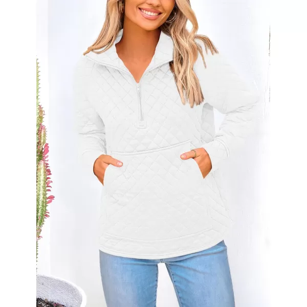 PRETTYGARDEN Womens Fall Quilted Sweatshirt Casual Quarter Zip Collared Long Sleeve V Neck Pullover TopsWhite