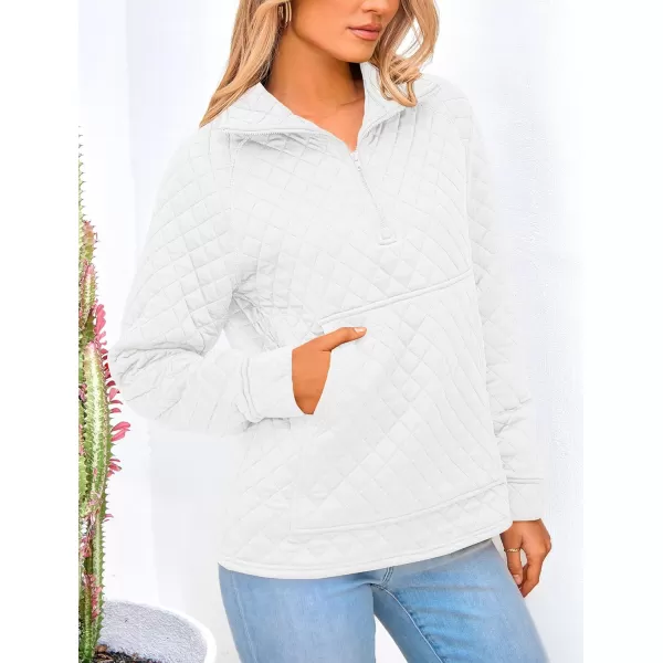 PRETTYGARDEN Womens Fall Quilted Sweatshirt Casual Quarter Zip Collared Long Sleeve V Neck Pullover TopsWhite