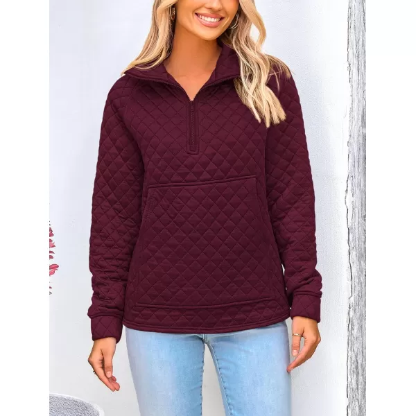 PRETTYGARDEN Womens Fall Quilted Sweatshirt Casual Quarter Zip Collared Long Sleeve V Neck Pullover TopsWine Red