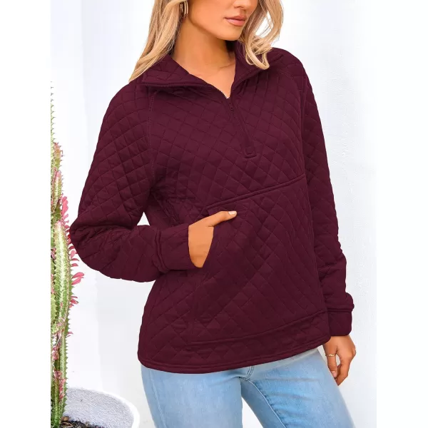 PRETTYGARDEN Womens Fall Quilted Sweatshirt Casual Quarter Zip Collared Long Sleeve V Neck Pullover TopsWine Red