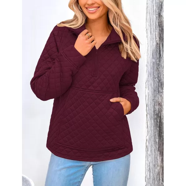 PRETTYGARDEN Womens Fall Quilted Sweatshirt Casual Quarter Zip Collared Long Sleeve V Neck Pullover TopsWine Red