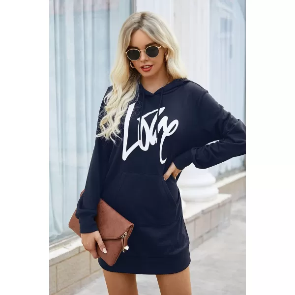 PRETTYGARDEN Womens Hooded Sweatshirt Drawstring Lightweight Long Sleeve Pullover Hoodie DressNavy