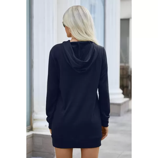 PRETTYGARDEN Womens Hooded Sweatshirt Drawstring Lightweight Long Sleeve Pullover Hoodie DressNavy