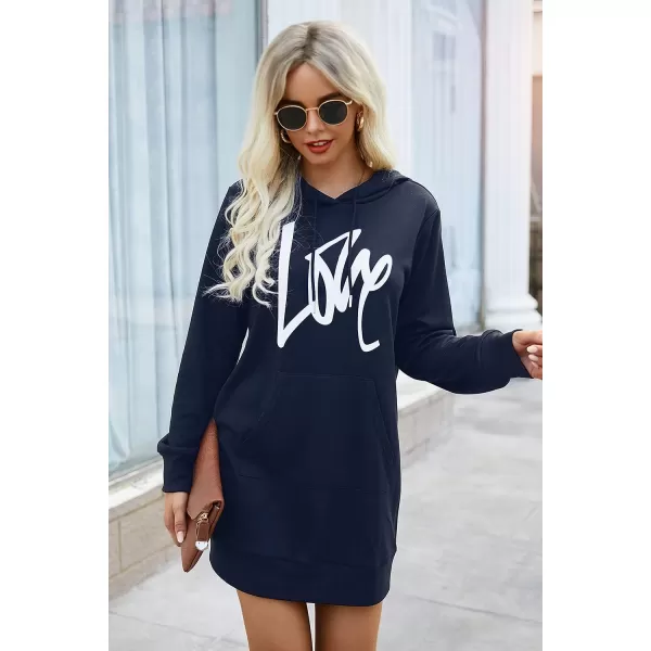 PRETTYGARDEN Womens Hooded Sweatshirt Drawstring Lightweight Long Sleeve Pullover Hoodie DressNavy