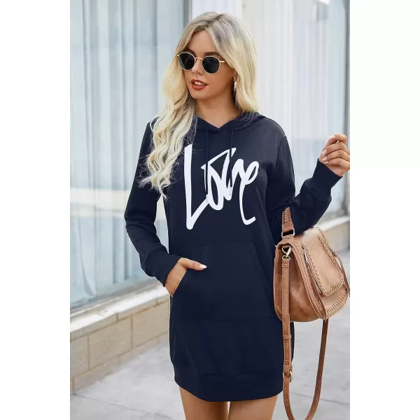 PRETTYGARDEN Womens Hooded Sweatshirt Drawstring Lightweight Long Sleeve Pullover Hoodie DressNavy