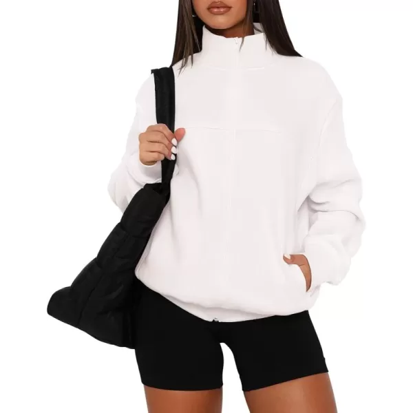 PRETTYGARDEN Womens 2024 Fall Fashion Full Zip Up Sweatshirt Long Sleeve Loose Fit Trendy Casual Jacket with PocketsBeige White