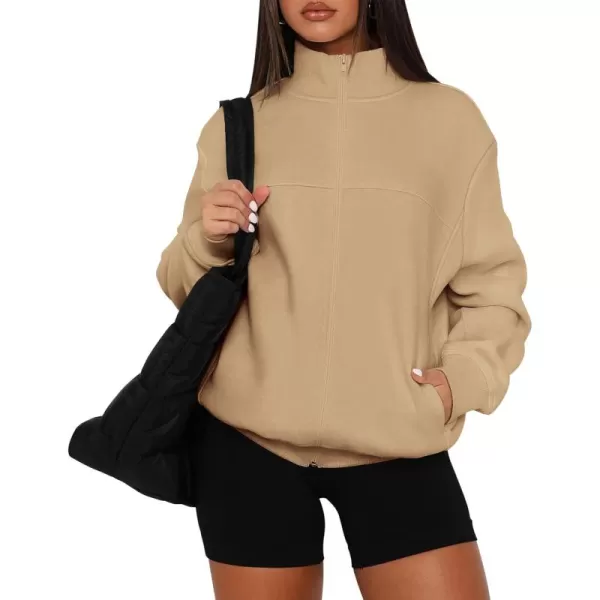 PRETTYGARDEN Womens 2024 Fall Fashion Full Zip Up Sweatshirt Long Sleeve Loose Fit Trendy Casual Jacket with PocketsKhaki