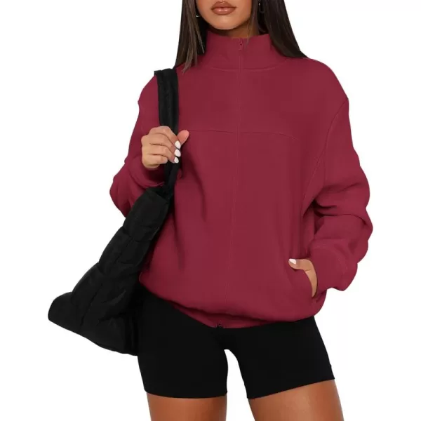 PRETTYGARDEN Womens 2024 Fall Fashion Full Zip Up Sweatshirt Long Sleeve Loose Fit Trendy Casual Jacket with PocketsWine Red