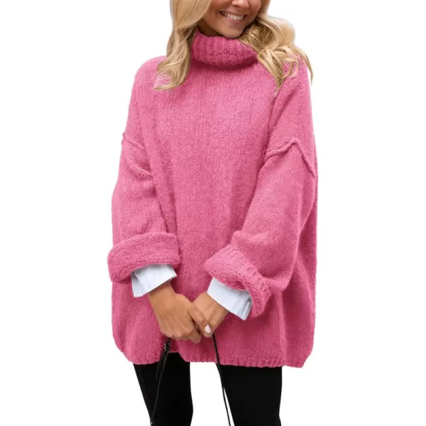 PRETTYGARDEN Womens 2024 Fall Knit Sweater Casual Long Sleeve Turtleneck Loose Chunky Pullover TopsPink