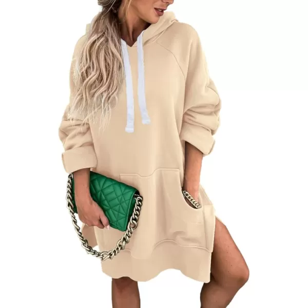PRETTYGARDEN Womens Casual Pullover Sweatshirt Long Sleeve Split Hem Hoodie Dress with Kangaroo PocketApricot