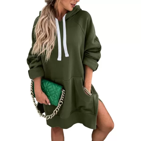 PRETTYGARDEN Womens Casual Pullover Sweatshirt Long Sleeve Split Hem Hoodie Dress with Kangaroo PocketArmy Green