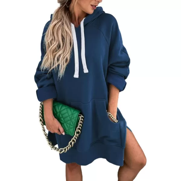 PRETTYGARDEN Womens Casual Pullover Sweatshirt Long Sleeve Split Hem Hoodie Dress with Kangaroo PocketBlue