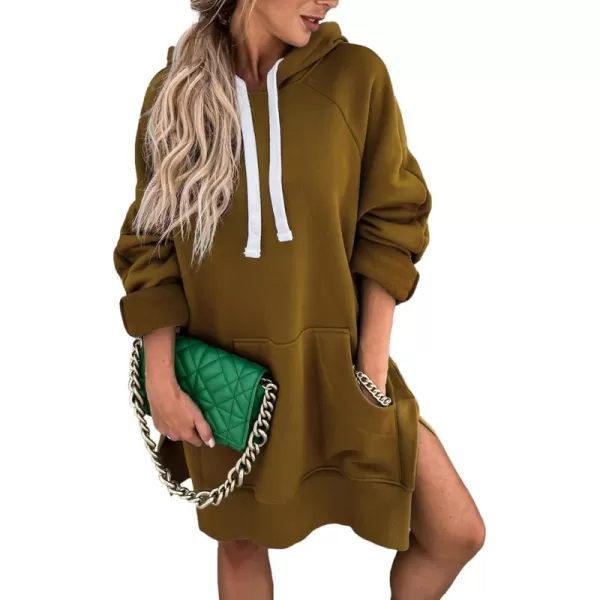 PRETTYGARDEN Womens Casual Pullover Sweatshirt Long Sleeve Split Hem Hoodie Dress with Kangaroo PocketDark Khaki