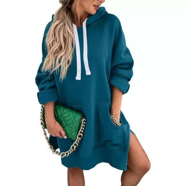 PRETTYGARDEN Womens Casual Pullover Sweatshirt Long Sleeve Split Hem Hoodie Dress with Kangaroo PocketLake Blue
