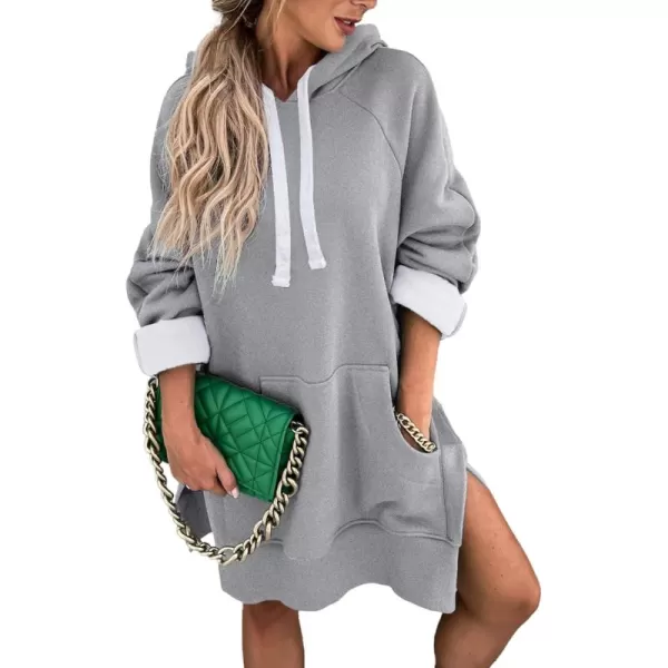 PRETTYGARDEN Womens Casual Pullover Sweatshirt Long Sleeve Split Hem Hoodie Dress with Kangaroo PocketLight Grey