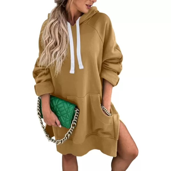 PRETTYGARDEN Womens Casual Pullover Sweatshirt Long Sleeve Split Hem Hoodie Dress with Kangaroo PocketLight Khaki