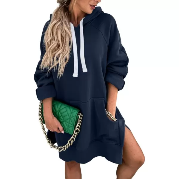 PRETTYGARDEN Womens Casual Pullover Sweatshirt Long Sleeve Split Hem Hoodie Dress with Kangaroo PocketNavy