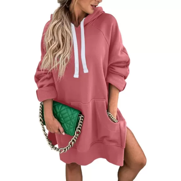 PRETTYGARDEN Womens Casual Pullover Sweatshirt Long Sleeve Split Hem Hoodie Dress with Kangaroo PocketPink