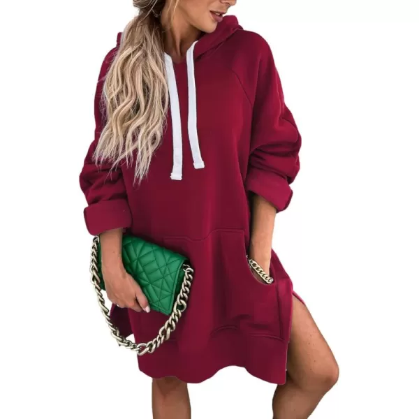 PRETTYGARDEN Womens Casual Pullover Sweatshirt Long Sleeve Split Hem Hoodie Dress with Kangaroo PocketWine Red