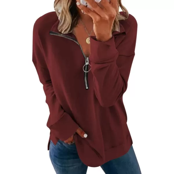 PRETTYGARDEN Womens Causal 14 Zip Pullover Long Sleeve Collar Sweatshirts Solid Activewear Running JacketWine Red