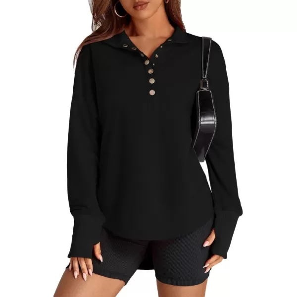 PRETTYGARDEN Womens Fall Fashion Button Up Sweatshirt Long Sleeve V Neck Loose Fit Casual Trendy Going Out Pullover TopsBlack