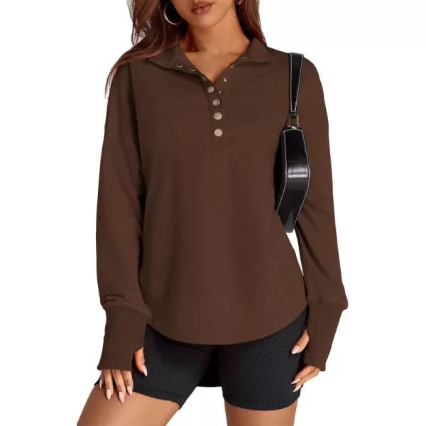 PRETTYGARDEN Womens Fall Fashion Button Up Sweatshirt Long Sleeve V Neck Loose Fit Casual Trendy Going Out Pullover TopsCoffee