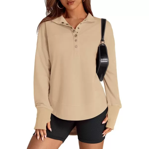 PRETTYGARDEN Womens Fall Fashion Button Up Sweatshirt Long Sleeve V Neck Loose Fit Casual Trendy Going Out Pullover TopsKhaki