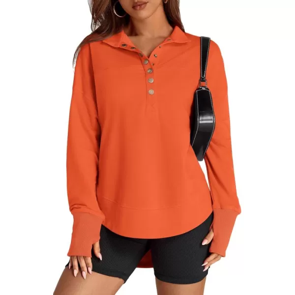 PRETTYGARDEN Womens Fall Fashion Button Up Sweatshirt Long Sleeve V Neck Loose Fit Casual Trendy Going Out Pullover TopsOrange