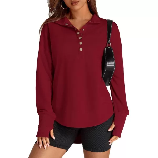 PRETTYGARDEN Womens Fall Fashion Button Up Sweatshirt Long Sleeve V Neck Loose Fit Casual Trendy Going Out Pullover TopsWine Red
