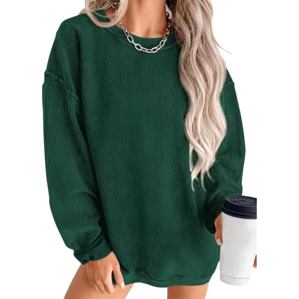 PRETTYGARDEN Womens Fall Oversized Sweatshirt Ribbed Corduroy Crewneck Long Sleeve Loose Fit Casual Going Out Pullover TopsDark Green