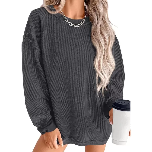 PRETTYGARDEN Womens Fall Oversized Sweatshirt Ribbed Corduroy Crewneck Long Sleeve Loose Fit Casual Going Out Pullover TopsDark Grey