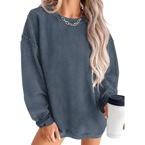 PRETTYGARDEN Womens Fall Oversized Sweatshirt Ribbed Corduroy Crewneck Long Sleeve Loose Fit Casual Going Out Pullover TopsGrey Blue