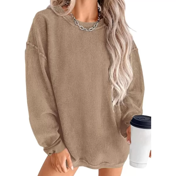 PRETTYGARDEN Womens Fall Oversized Sweatshirt Ribbed Corduroy Crewneck Long Sleeve Loose Fit Casual Going Out Pullover TopsKhaki