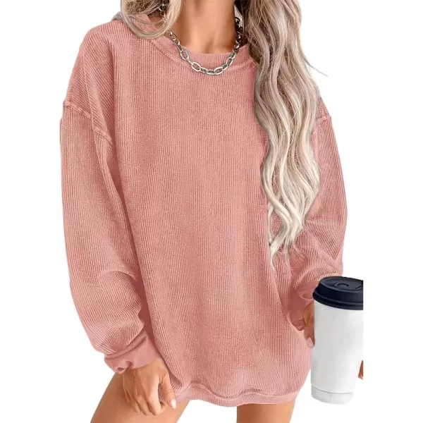 PRETTYGARDEN Womens Fall Oversized Sweatshirt Ribbed Corduroy Crewneck Long Sleeve Loose Fit Casual Going Out Pullover TopsPink