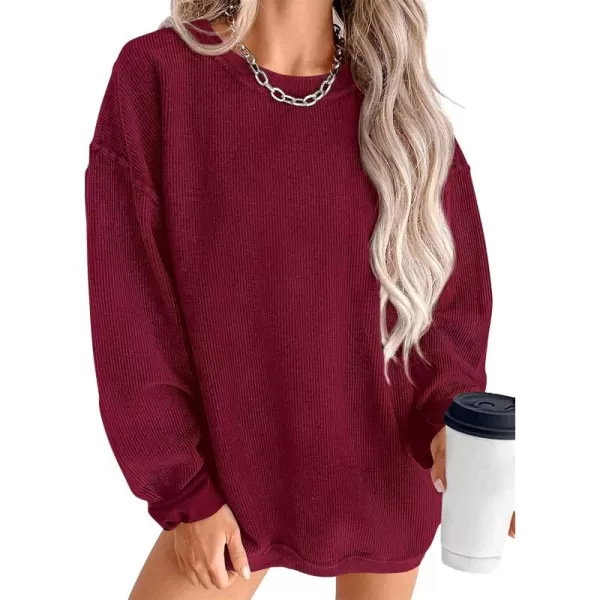 PRETTYGARDEN Womens Fall Oversized Sweatshirt Ribbed Corduroy Crewneck Long Sleeve Loose Fit Casual Going Out Pullover TopsWine Red